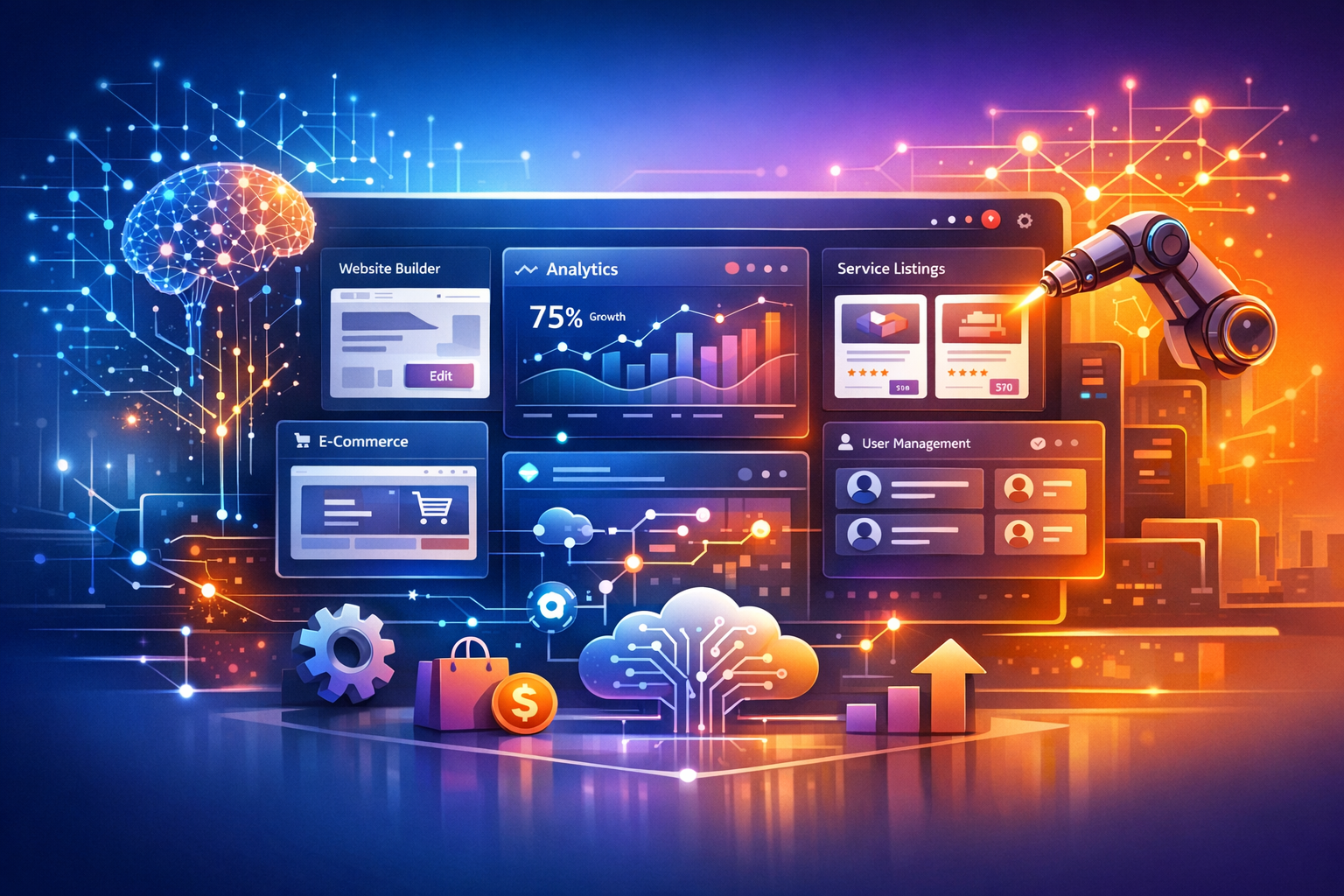 AI‑powered SaaS marketplace platform illustration showing automated digital tools, modular dashboards, and modern cloud‑software interface elements.